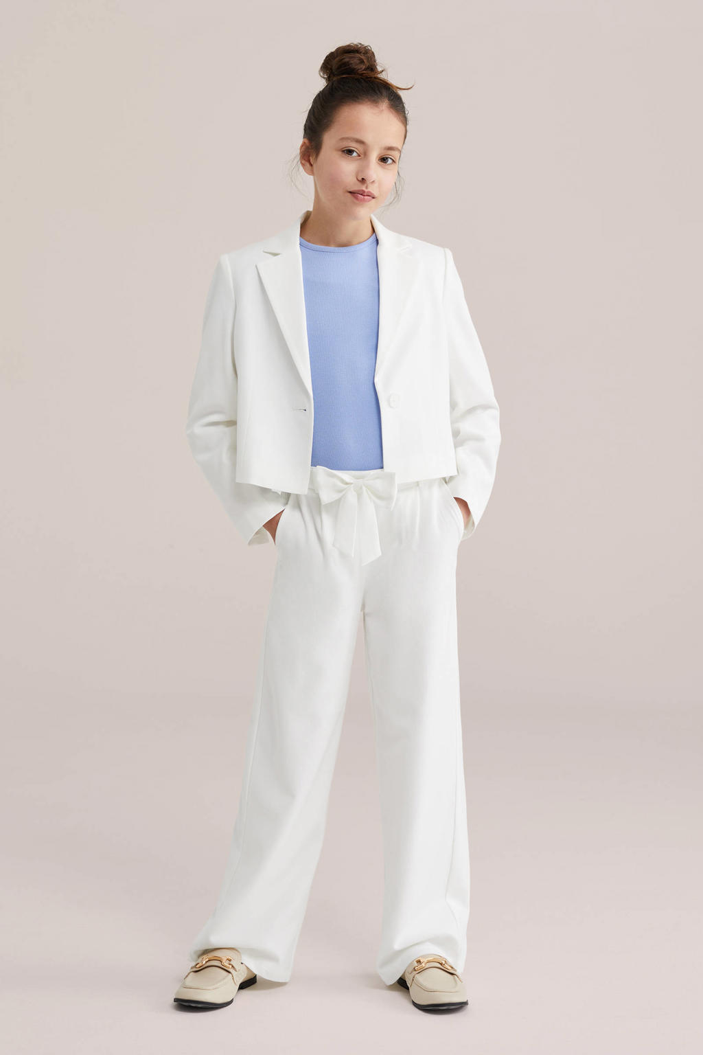 Witte meisjes WE Fashion straight casual broek van polyester met elastische tailleband en effen