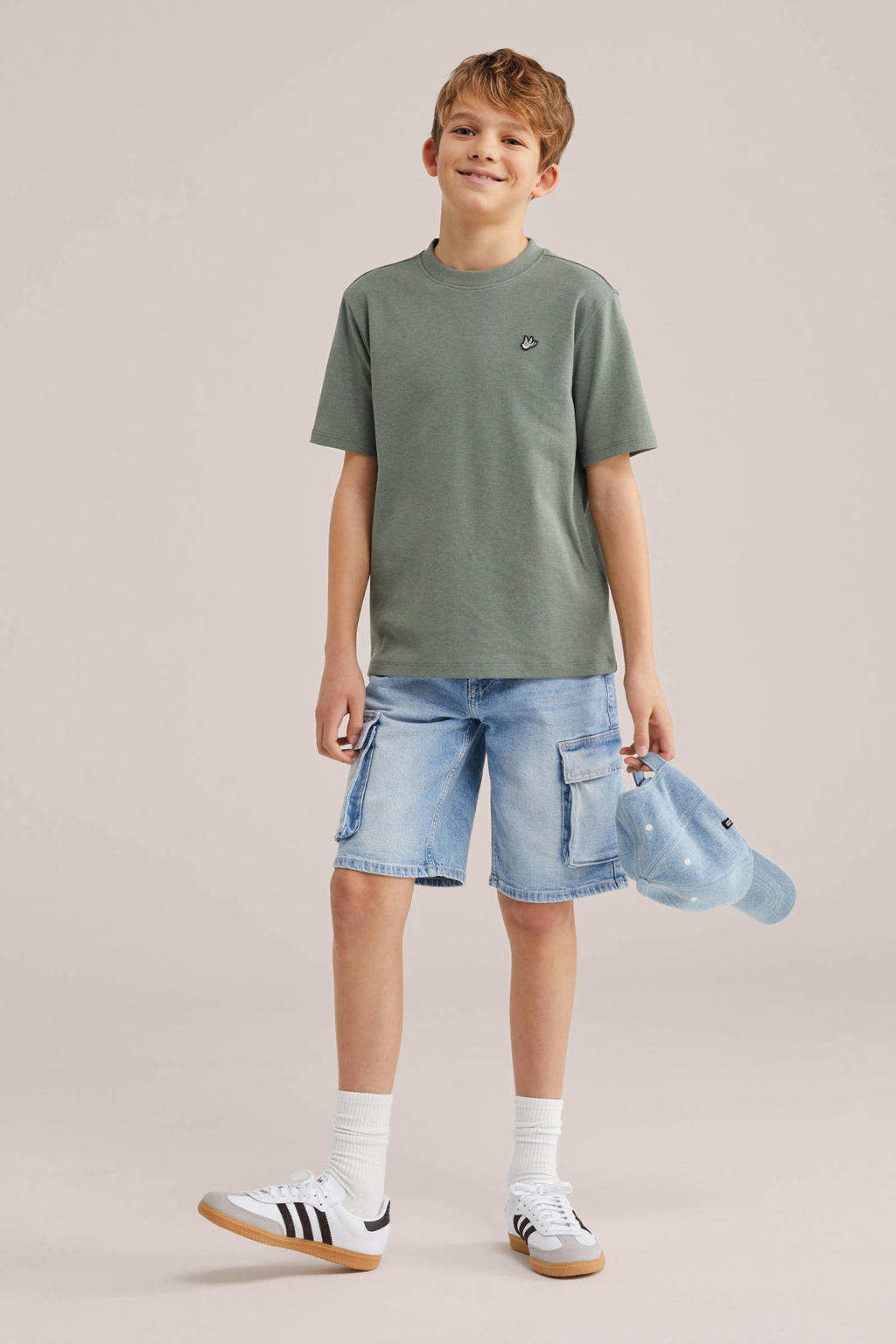 Groene jongens WE Fashion T-shirt van katoen met effen, korte mouwen en ronde hals