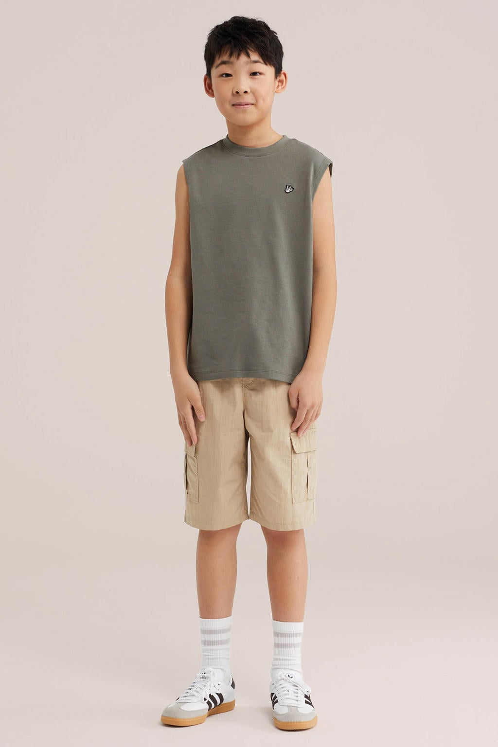 Olijfgroene jongens WE Fashion tanktop van katoen met effen en ronde hals