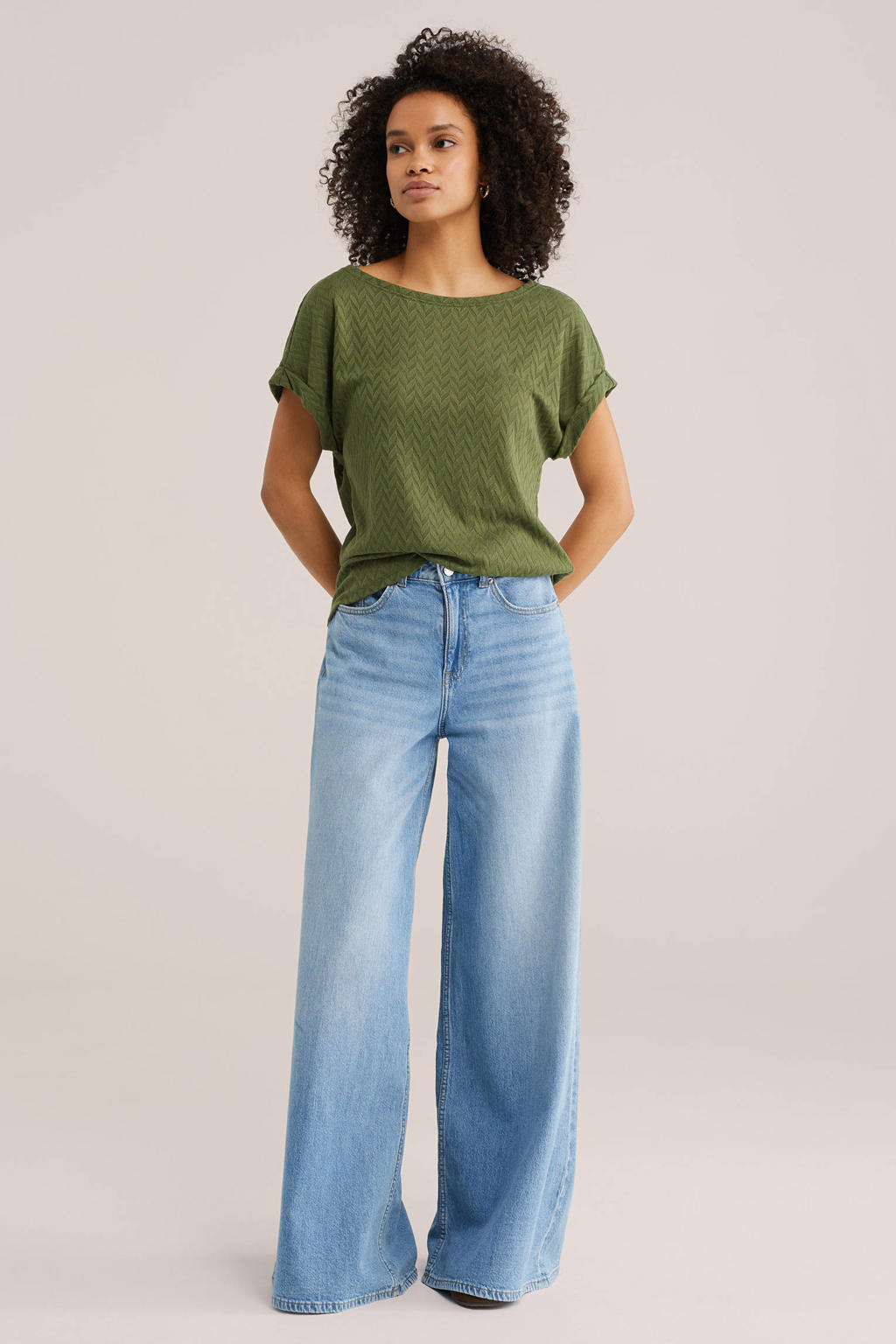 Groene dames WE Fashion top ajour van polyester met effen, korte mouwen en boothals