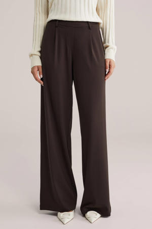 wide leg high waist broek donkerbruin