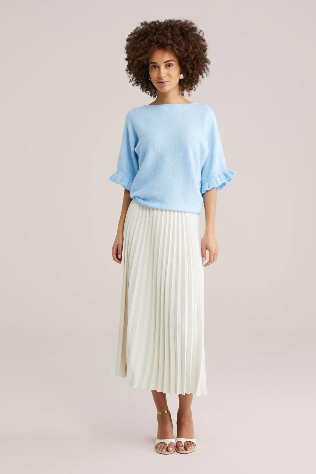 Lichtblauwe dames WE Fashion pullover van polyester met effen, lange mouwen, boothals en volant