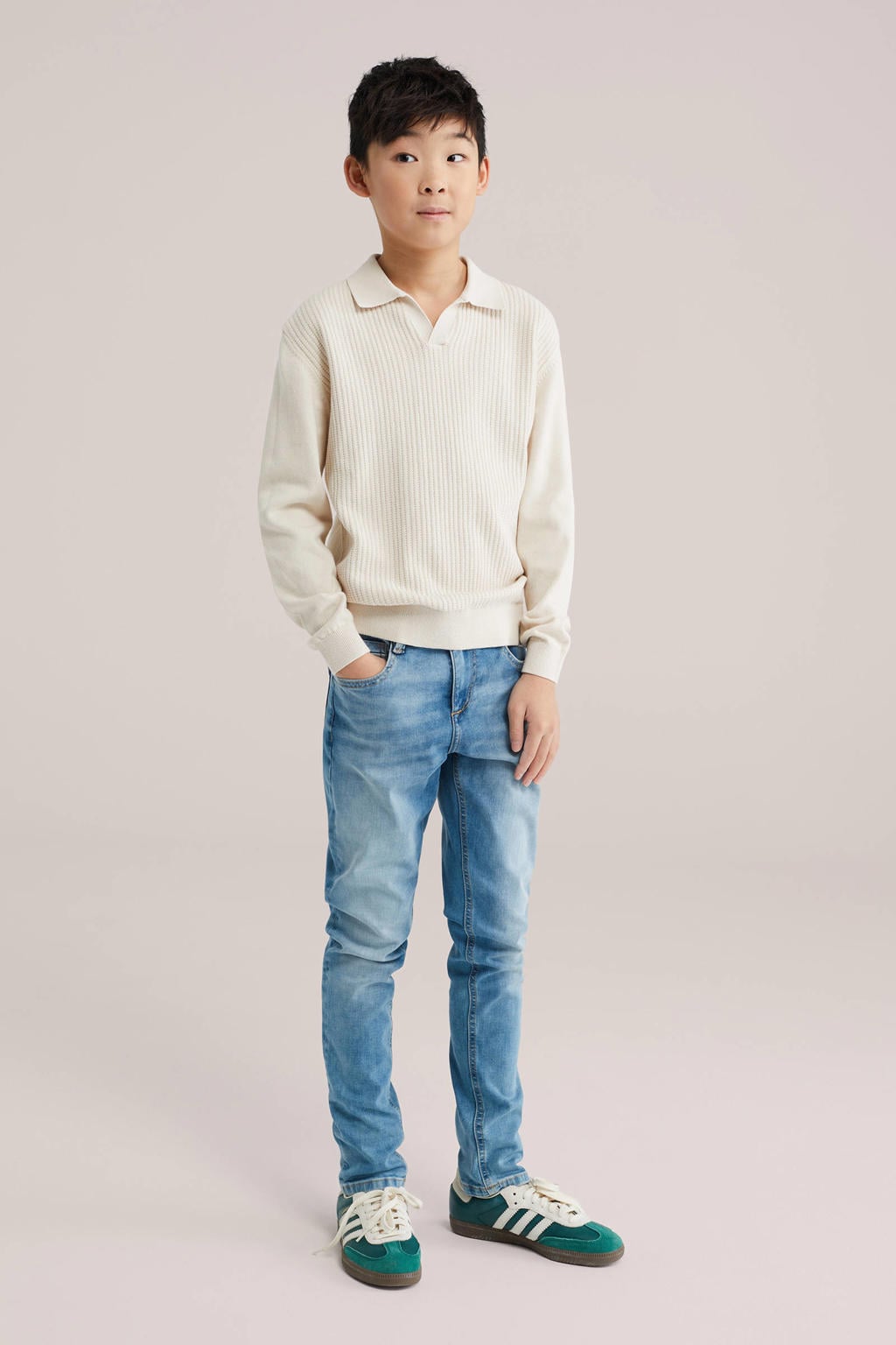 Beige jongens WE Fashion trui rib gebreid van katoen met effen, lange mouwen en polo kraag