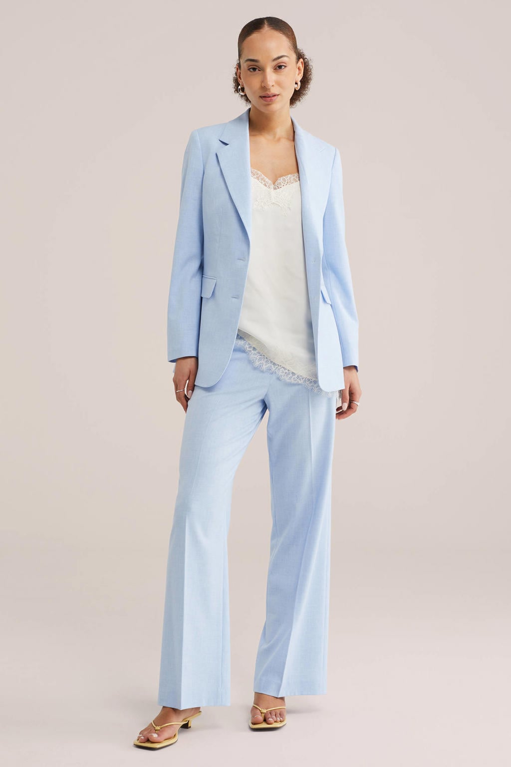 Lichtblauwe dames WE Fashion regular blazer van polyester met effen, lange mouwen, reverskraag en knoopsluiting