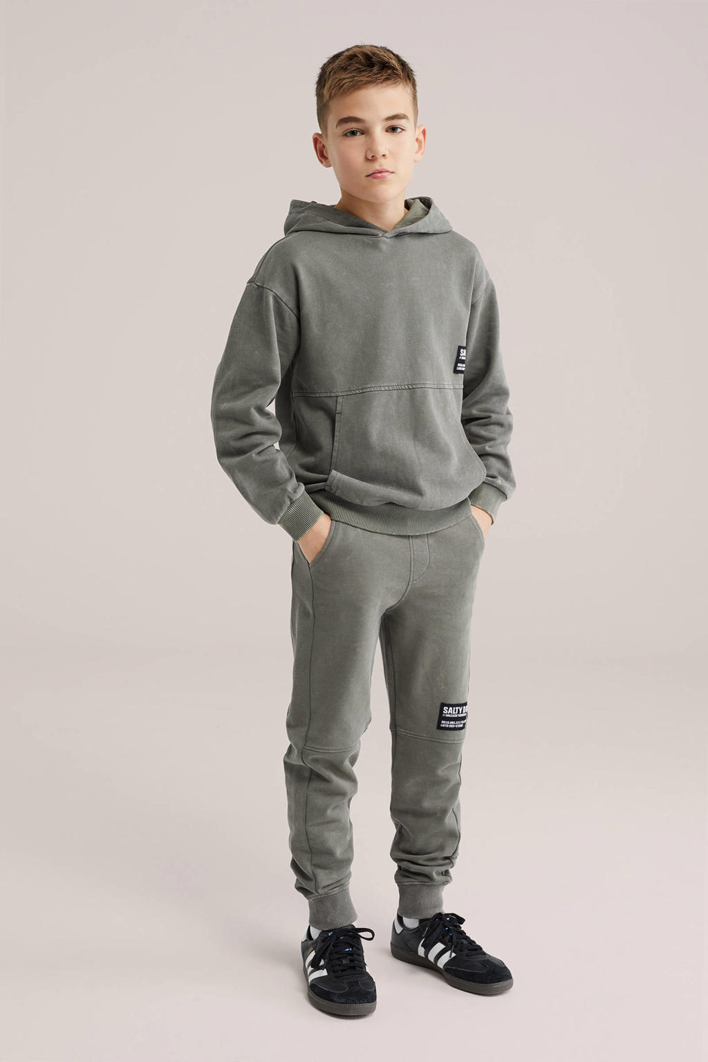 Olijfgroene jongens Salty Dog slim casual broek van sweat materiaal met elastische tailleband met koord en effen