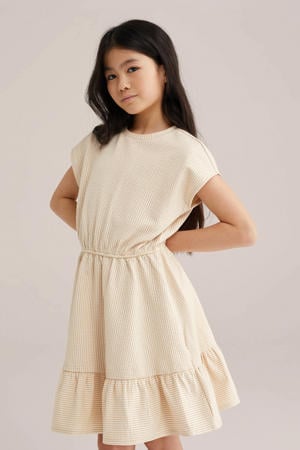 gestreepte korte jurk beige