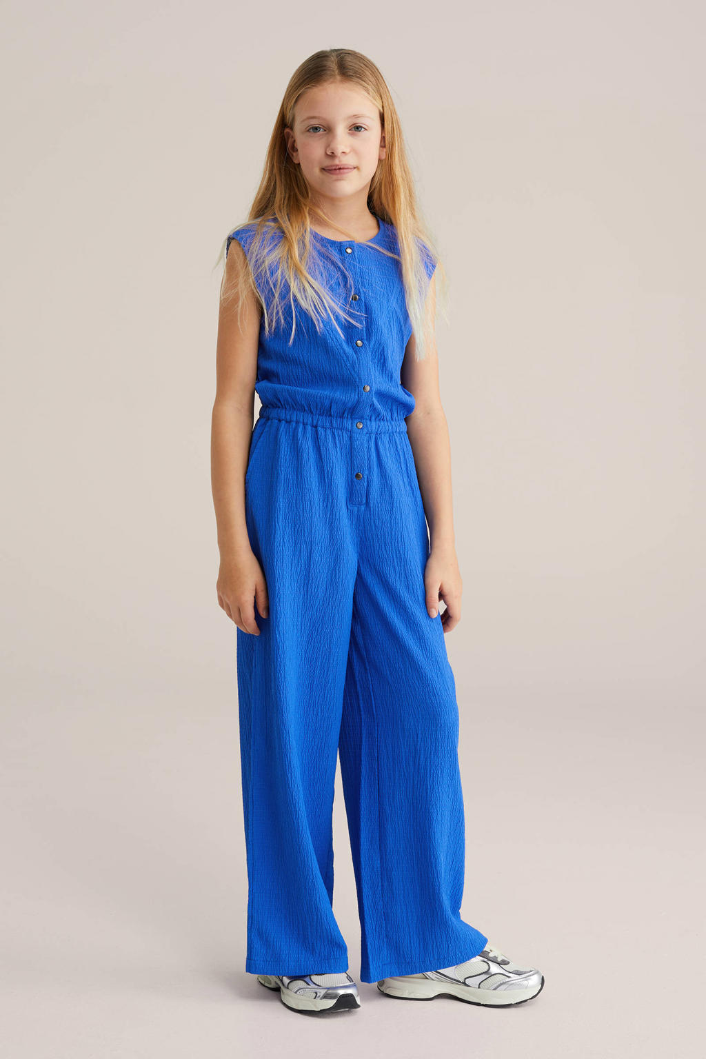 Marineblauw meisjes WE Fashion Straight jumpsuit blauw van polyester met effen en ronde hals