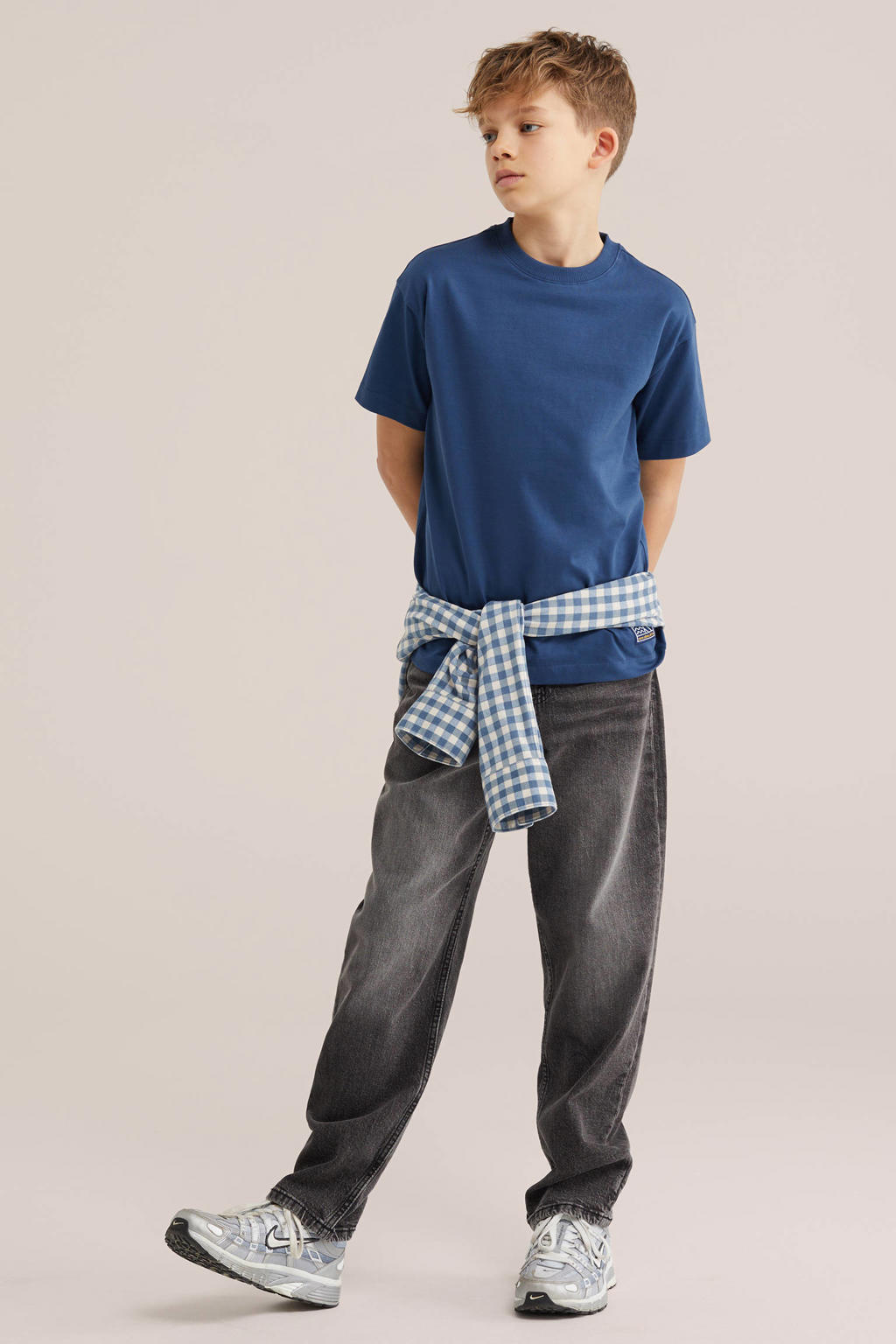 Donkerblauwe jongens WE Fashion T-shirt van katoen met effen, korte mouwen en ronde hals