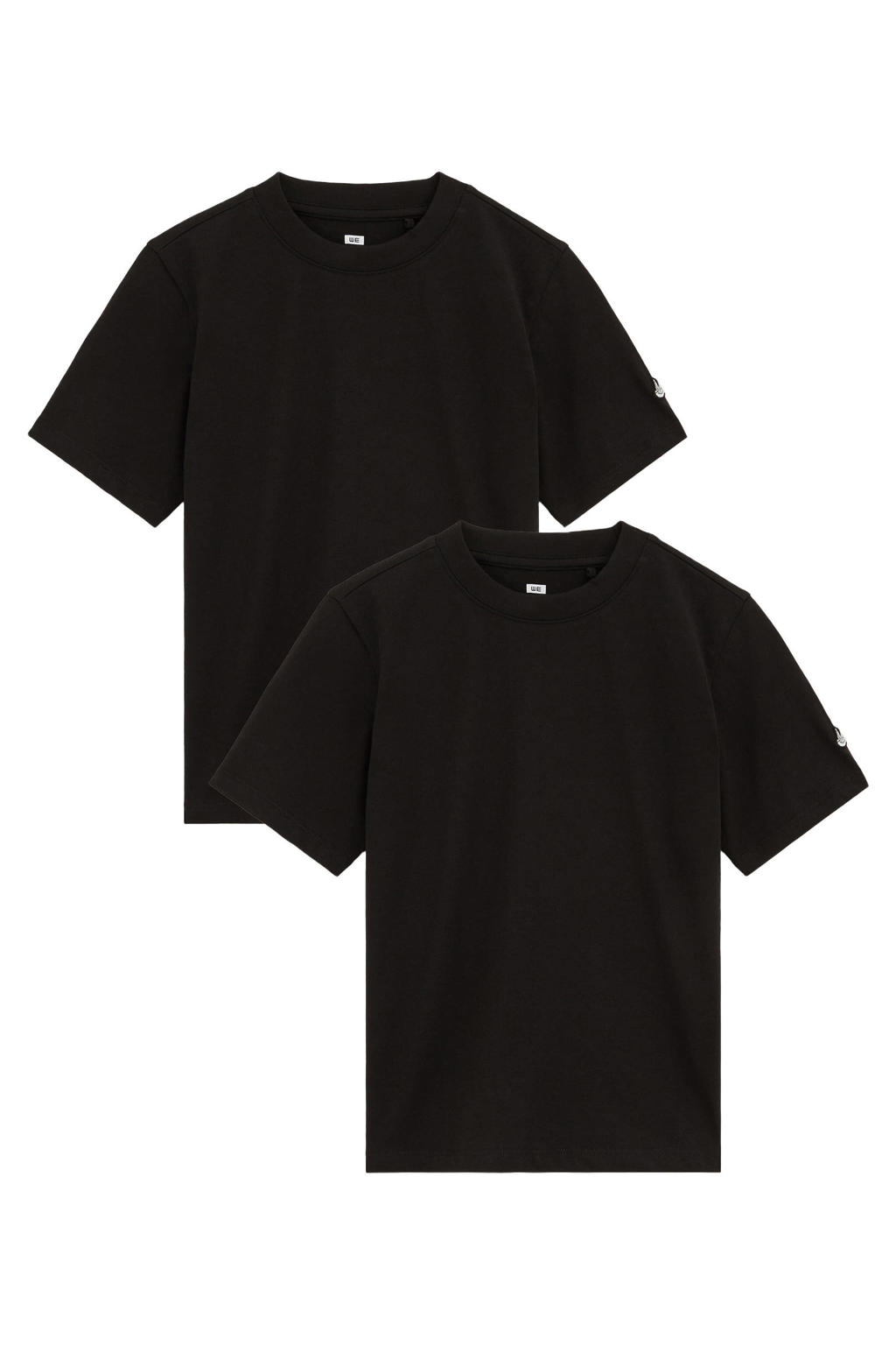 Set van 2 zwarte jongens WE Fashion T-shirt van katoen met effen, korte mouwen en ronde hals