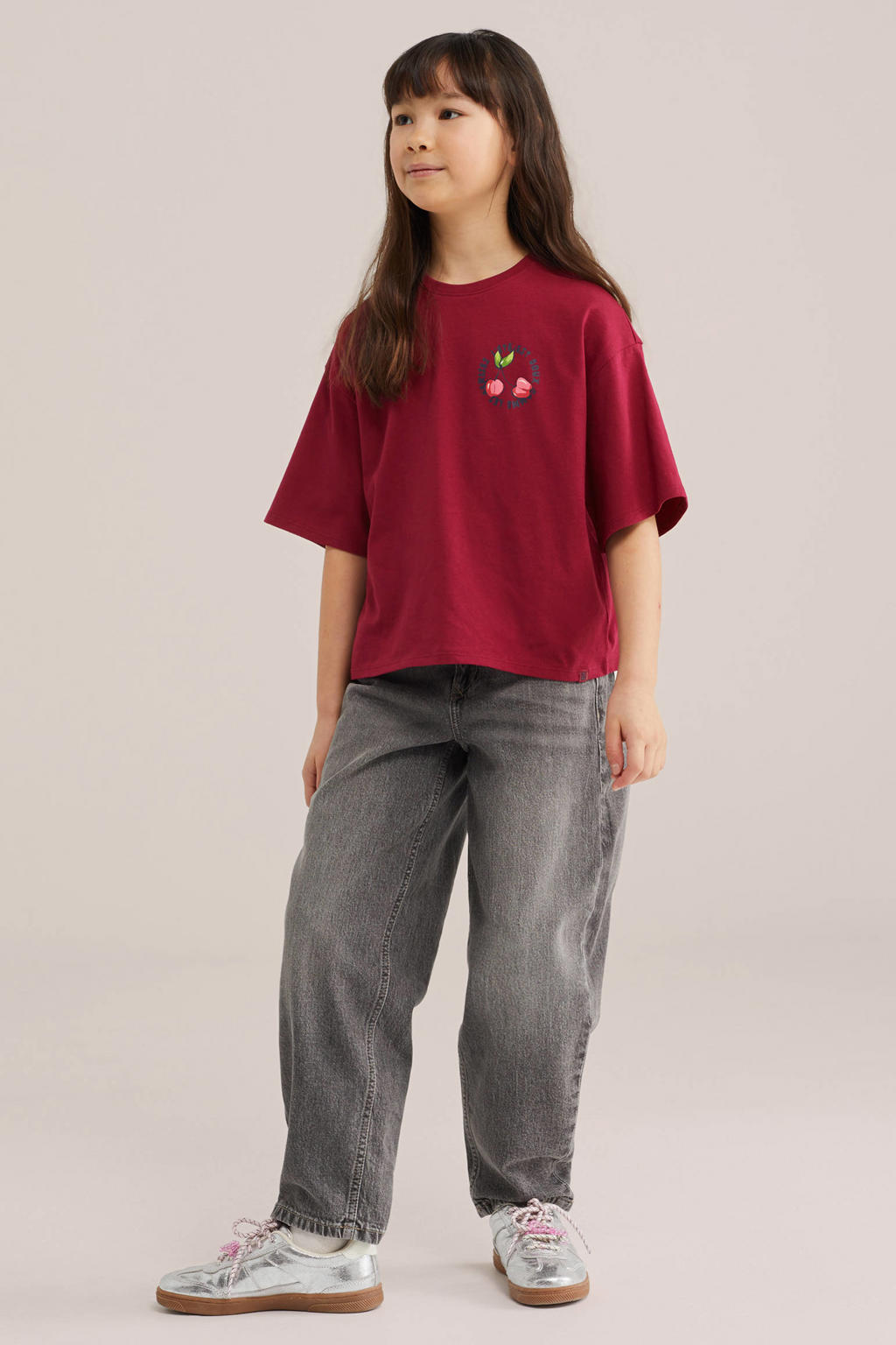Rode meisjes WE Fashion T-shirt van katoen met printopdruk, korte mouwen en ronde hals