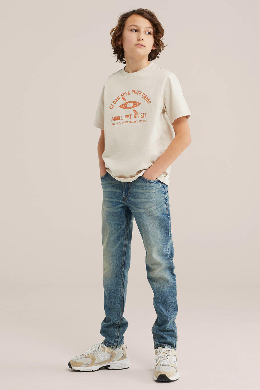 Beige jongens WE Fashion T-shirt van katoen met printopdruk, korte mouwen en ronde hals