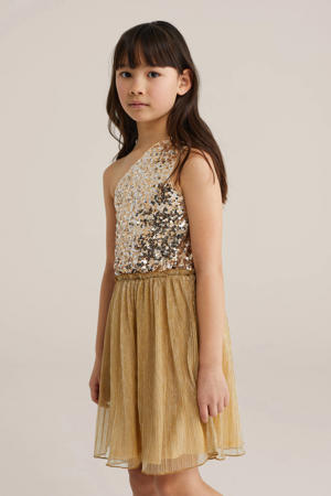 one shoulder jurk met pailletten goud