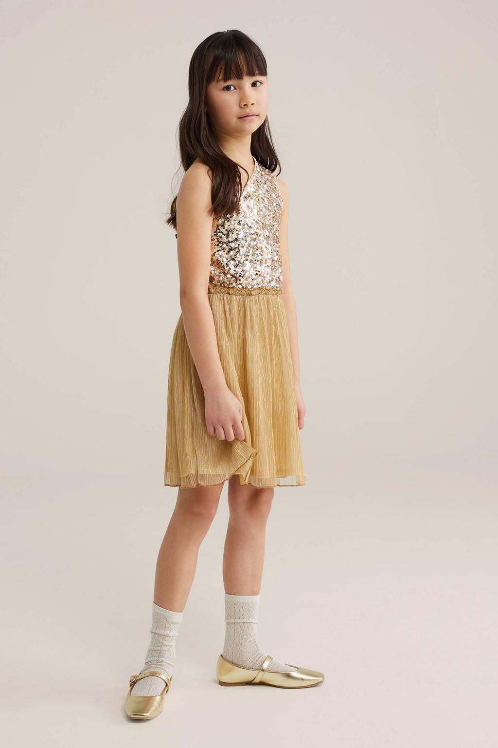 Gouden meisjes WE Fashion one shoulder jurk van polyester met effen en elastische boord