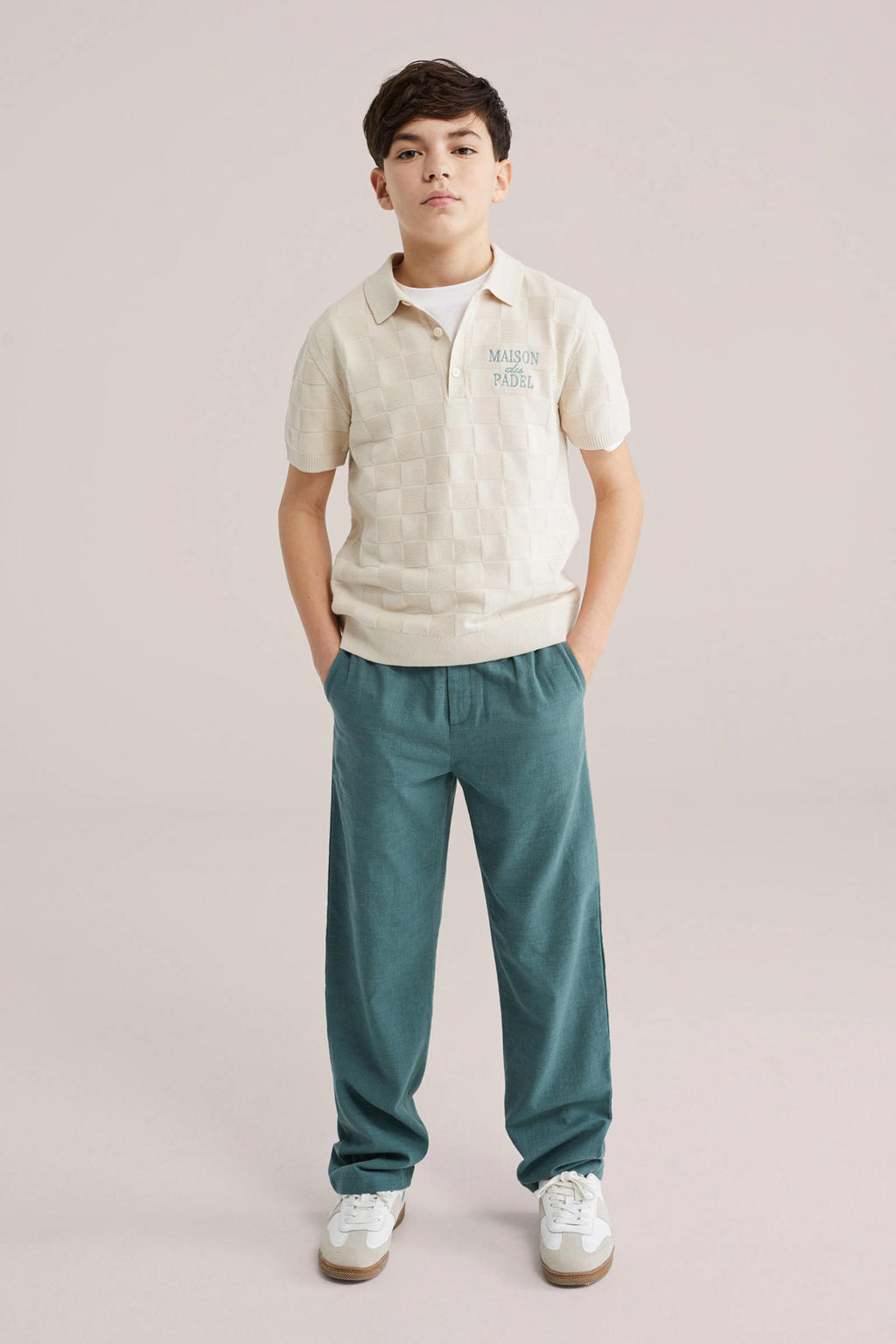 Beige jongens WE Fashion polo van katoen met effen, korte mouwen, knoopsluiting en textuur