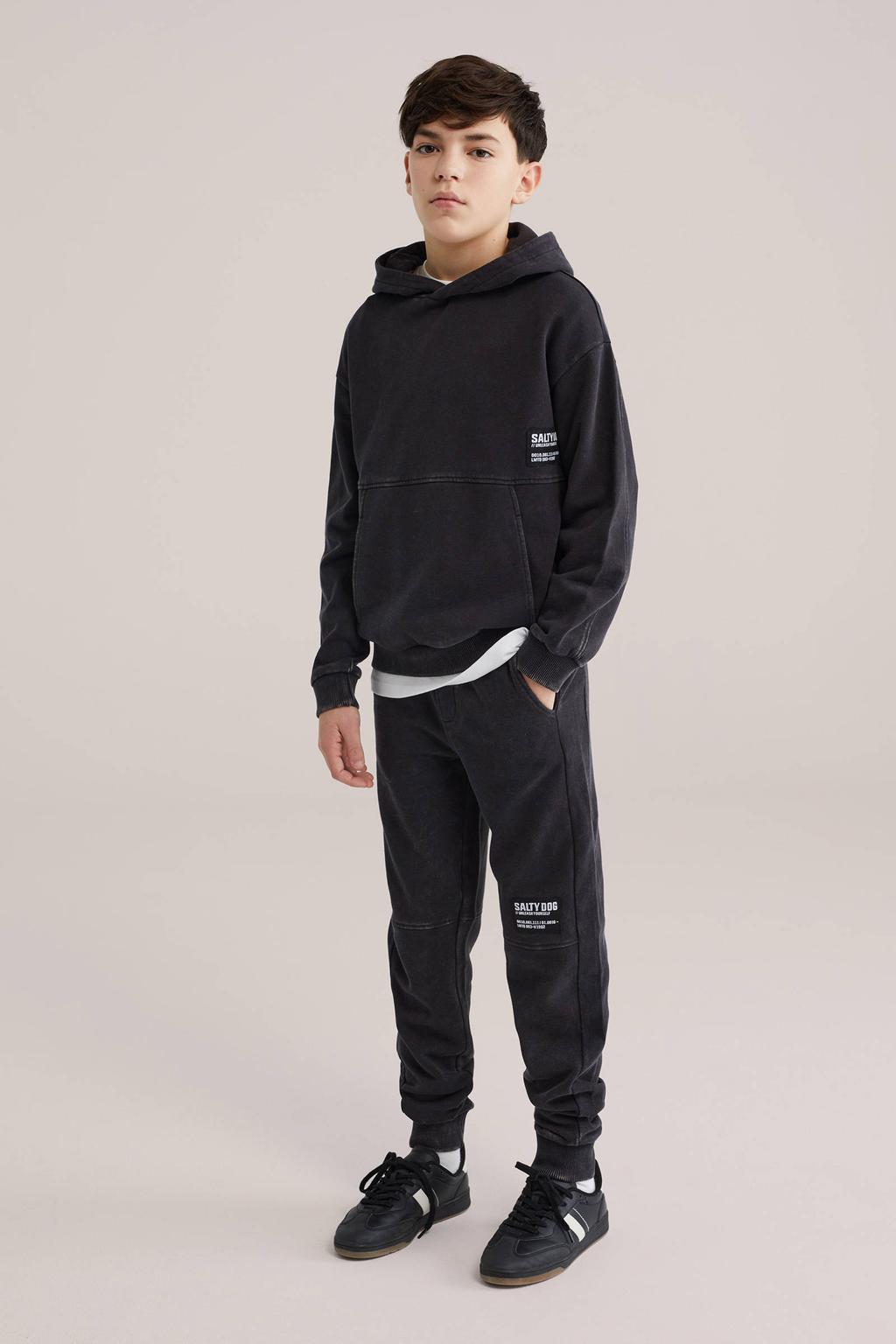 Zwarte jongens Salty Dog slim casual broek van sweat materiaal met elastische tailleband met koord en effen