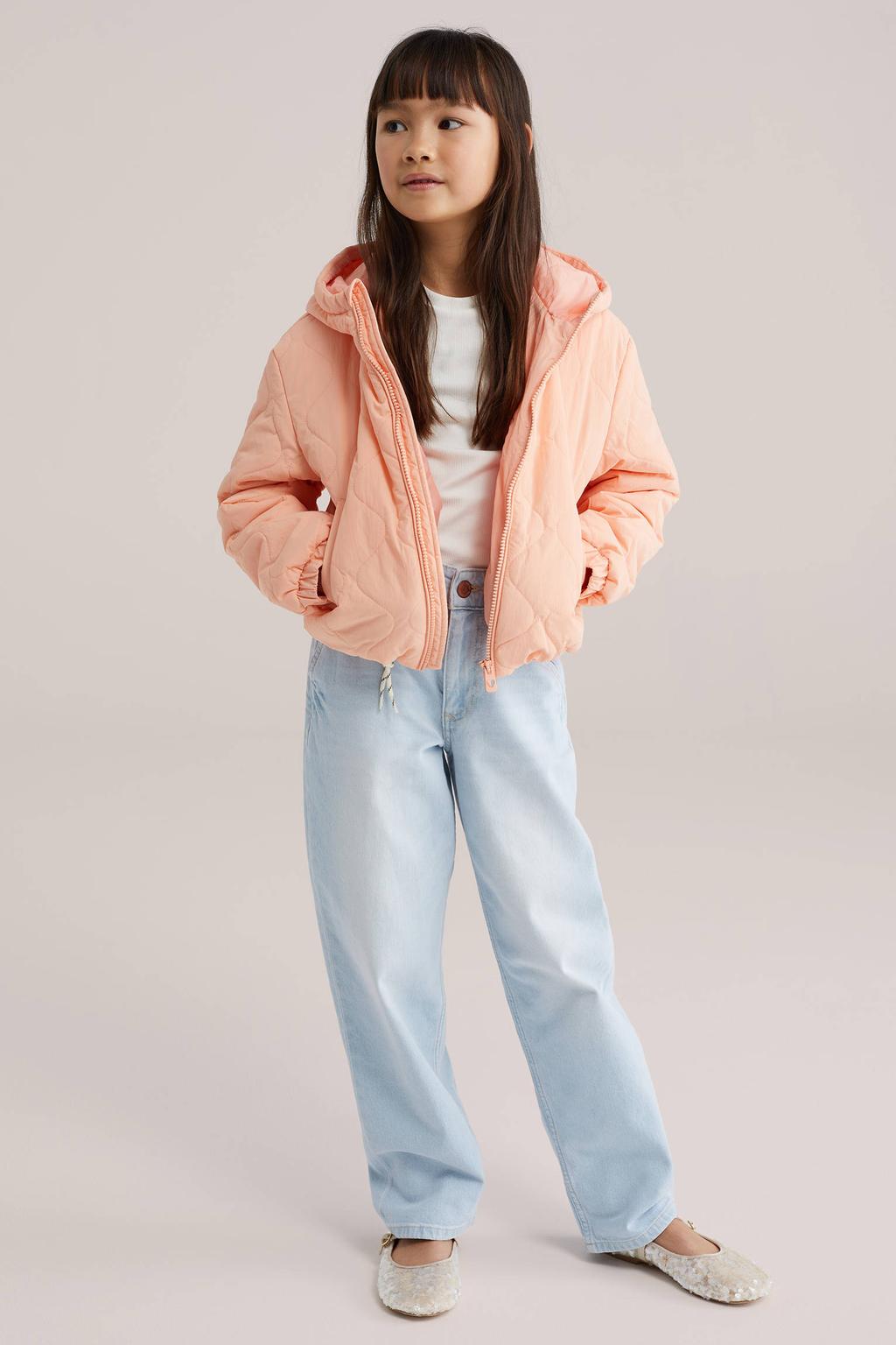 Oranje meisjes WE Fashion tussenjas van polyamide met effen, lange mouwen, capuchon, ritssluiting en elastische boord