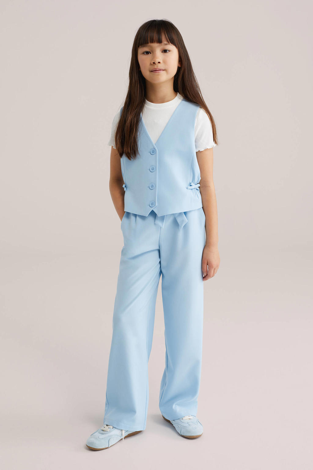 Lichtblauwe meisjes WE Fashion straight casual broek van polyester met elastische tailleband en effen