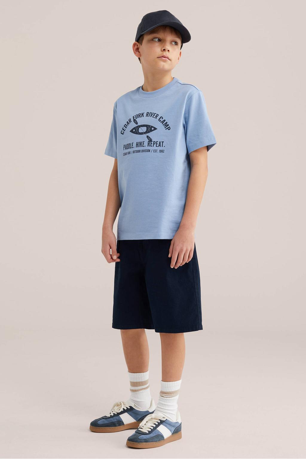 Lichtblauwe jongens WE Fashion T-shirt van katoen met printopdruk, korte mouwen en ronde hals