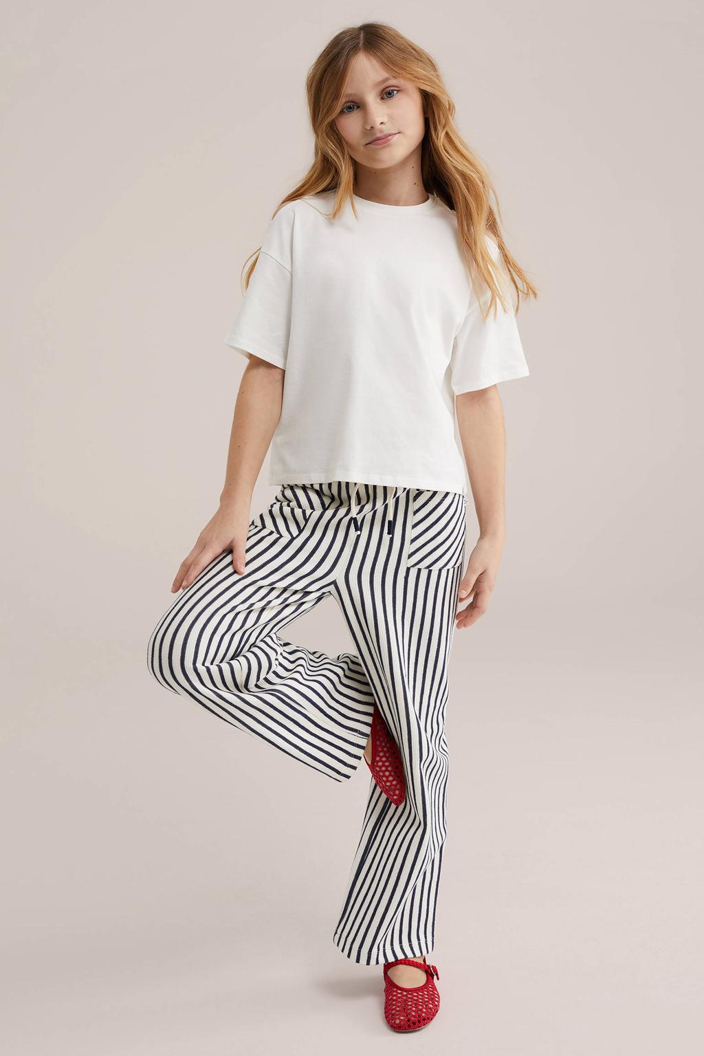 Donkerblauwe meisjes WE Fashion straight gestreepte casual broek fijn gebreid van katoen met elastische tailleband met koord