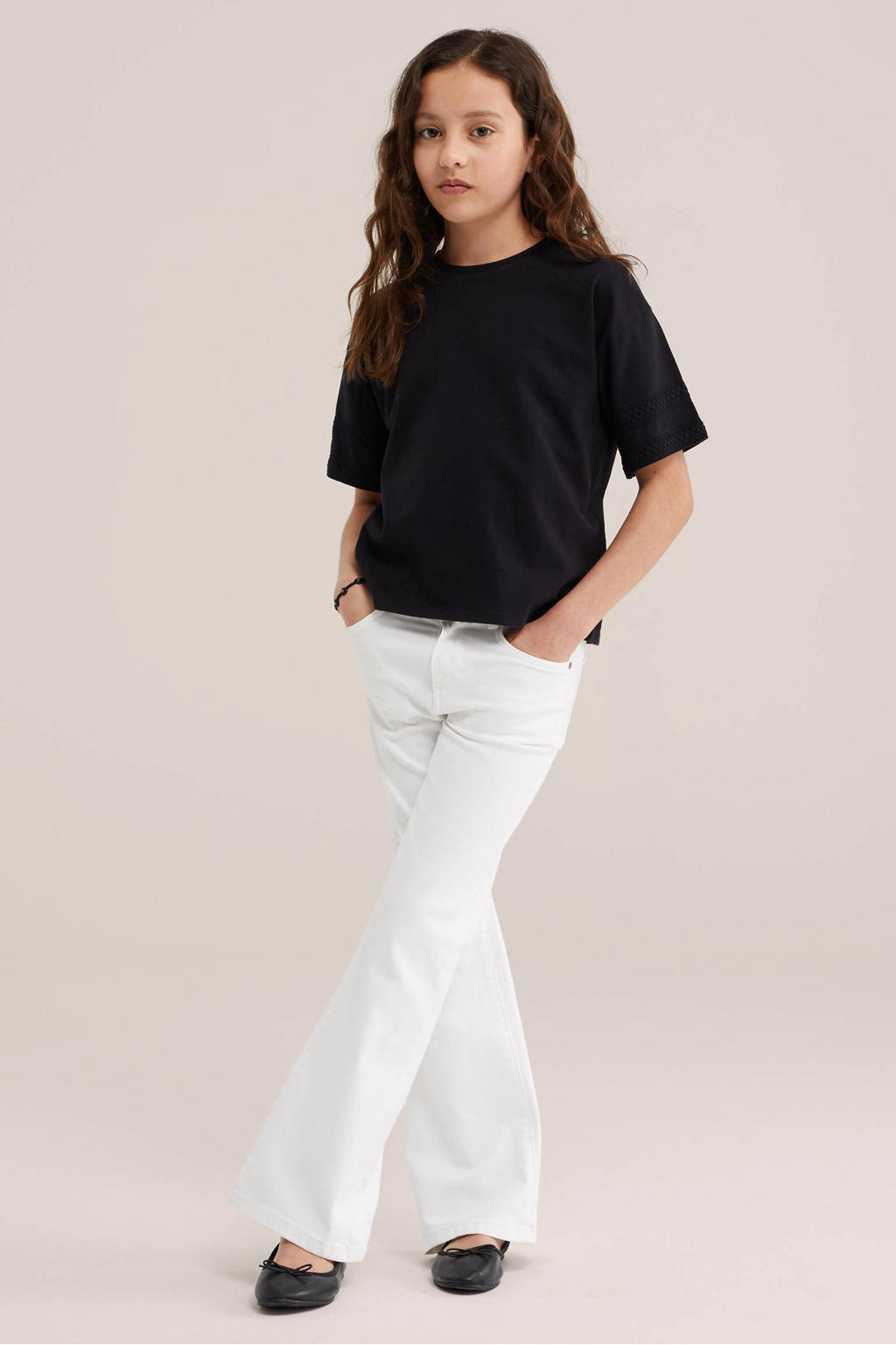 Zwarte meisjes WE Fashion T-shirt van katoen met effen, korte mouwen, ronde hals en borduursels