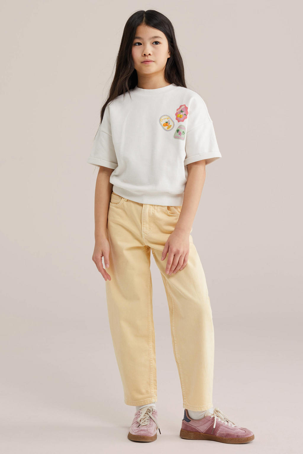 Witte meisjes WE Fashion sweater met printopdruk, korte mouwen, ronde hals en geribde boorden