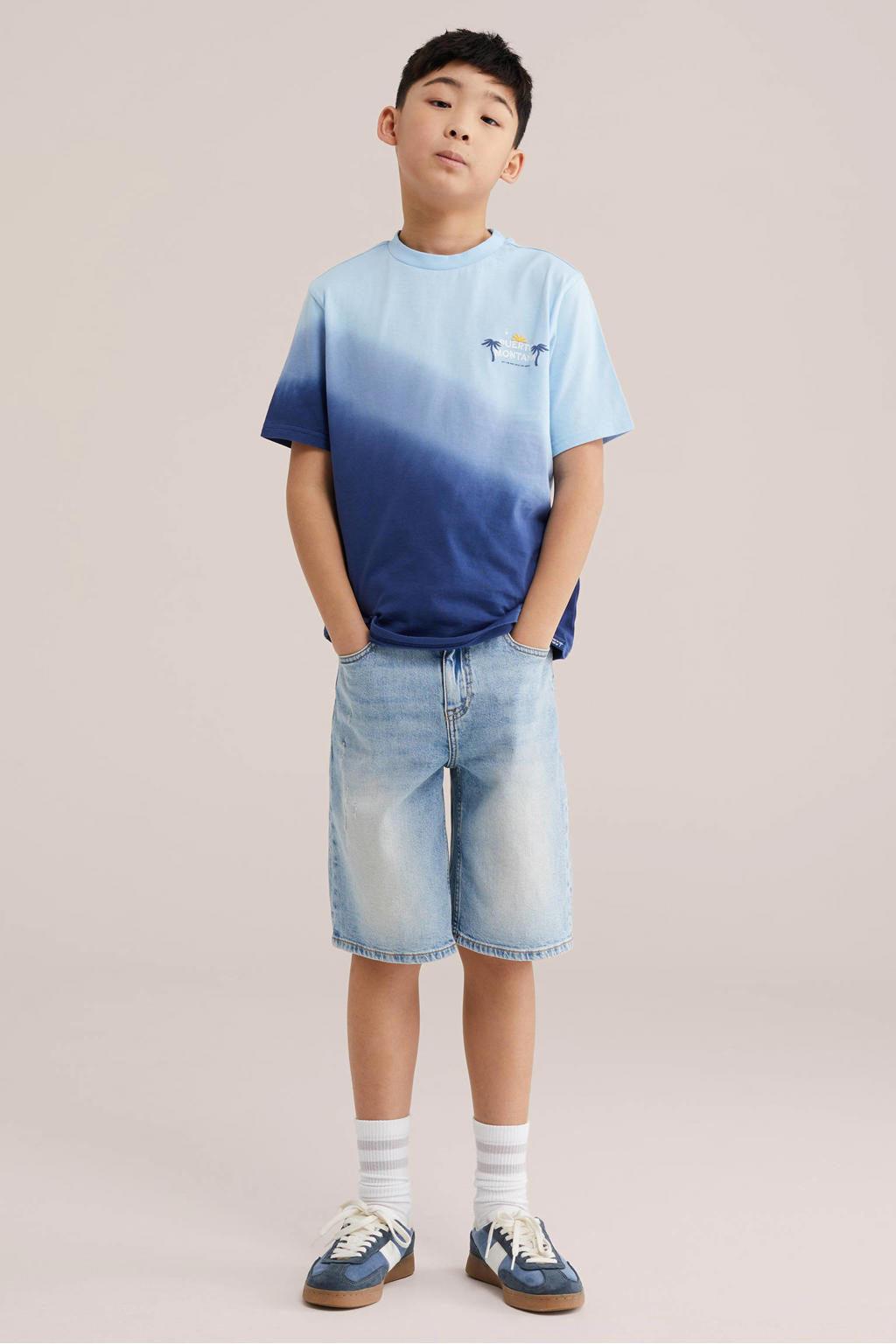 Blauw, donkerblauw en lichtblauwe jongens WE Fashion T-shirt van katoen met dip-dye effect, korte mouwen en ronde hals