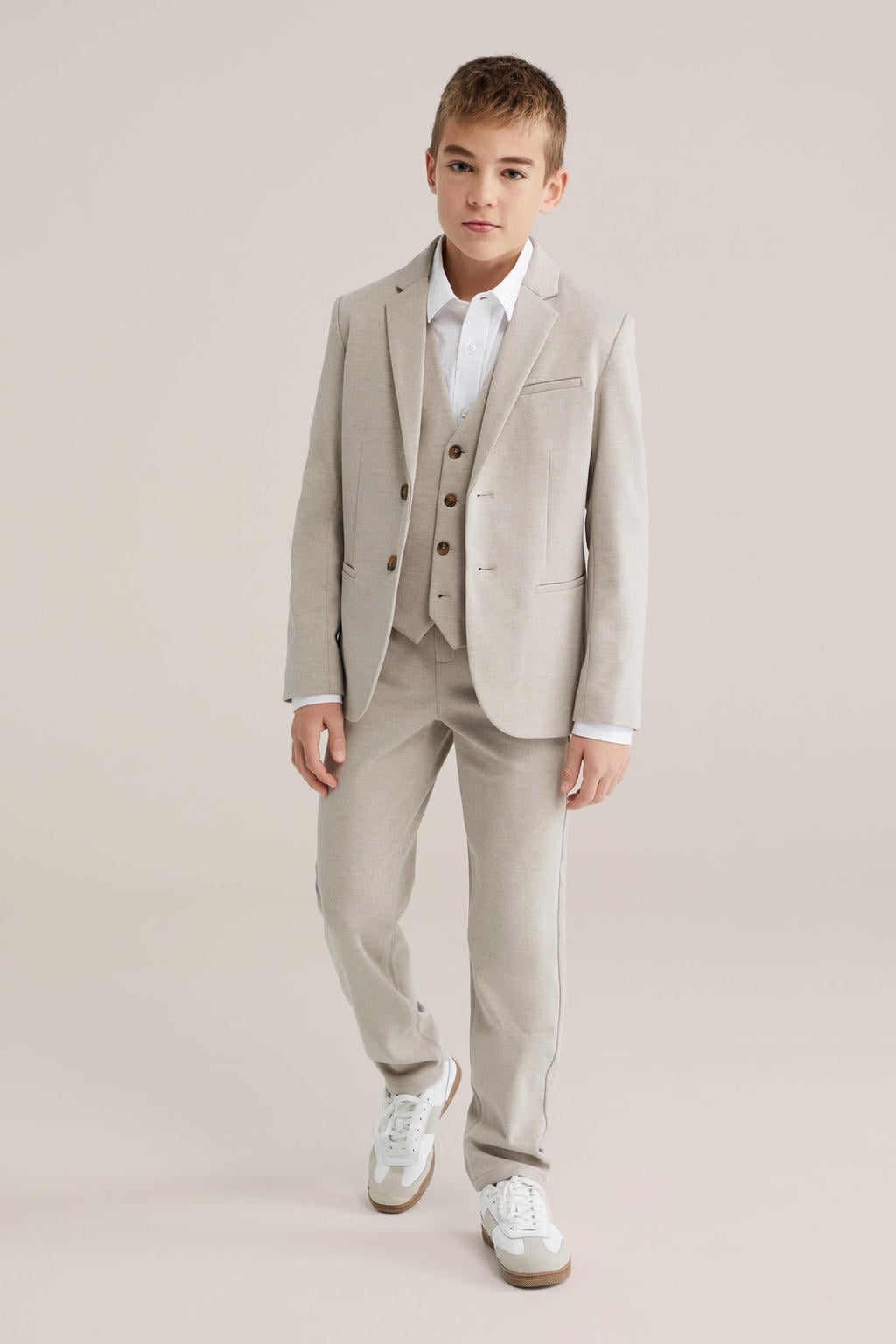 Beige jongens WE Fashion tapered casual broek van polyester met elastische tailleband met koord en effen