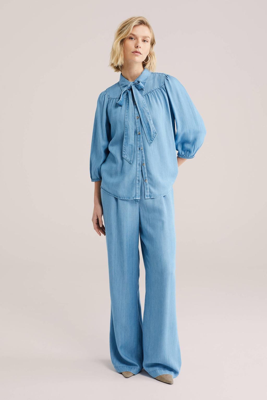 Light blue denim dames WE Fashion Blue Ridge wide leg regular waist broek van lyocell met haaksluiting en effen