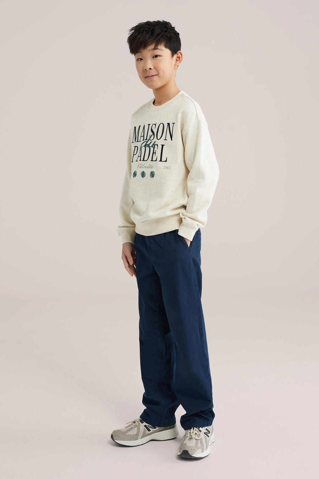 Beige jongens WE Fashion sweater met melée print, lange mouwen, ronde hals en geribde boorden