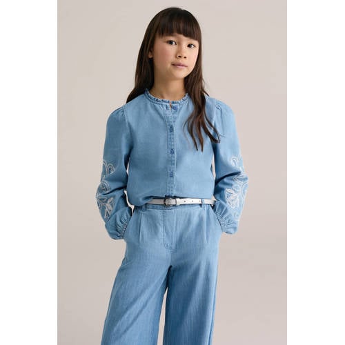 WE Fashion Blue Ridge denim gebloemde blouse light blue denim afbeelding