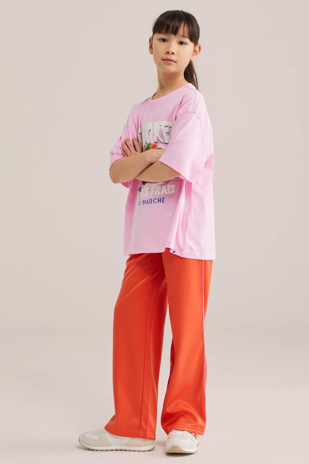 Oranje meisjes WE Fashion loose casual broek van polyester met elastische tailleband met koord en effen