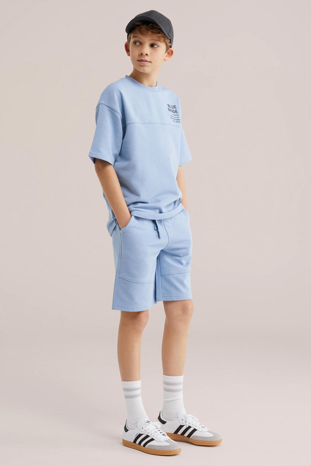 Lichtblauwe jongens WE Fashion Blue Ridge sweater met effen, korte mouwen en ronde hals