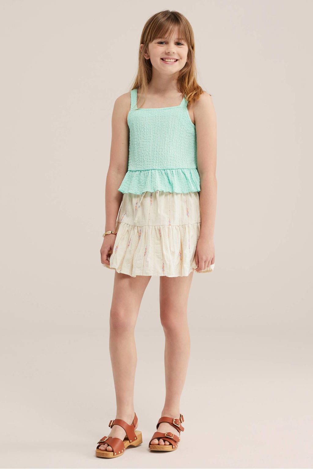 Mintgroene meisjes WE Fashion mouwloze top van polyester met effen, spaghettibandjes, ronde hals en ruches