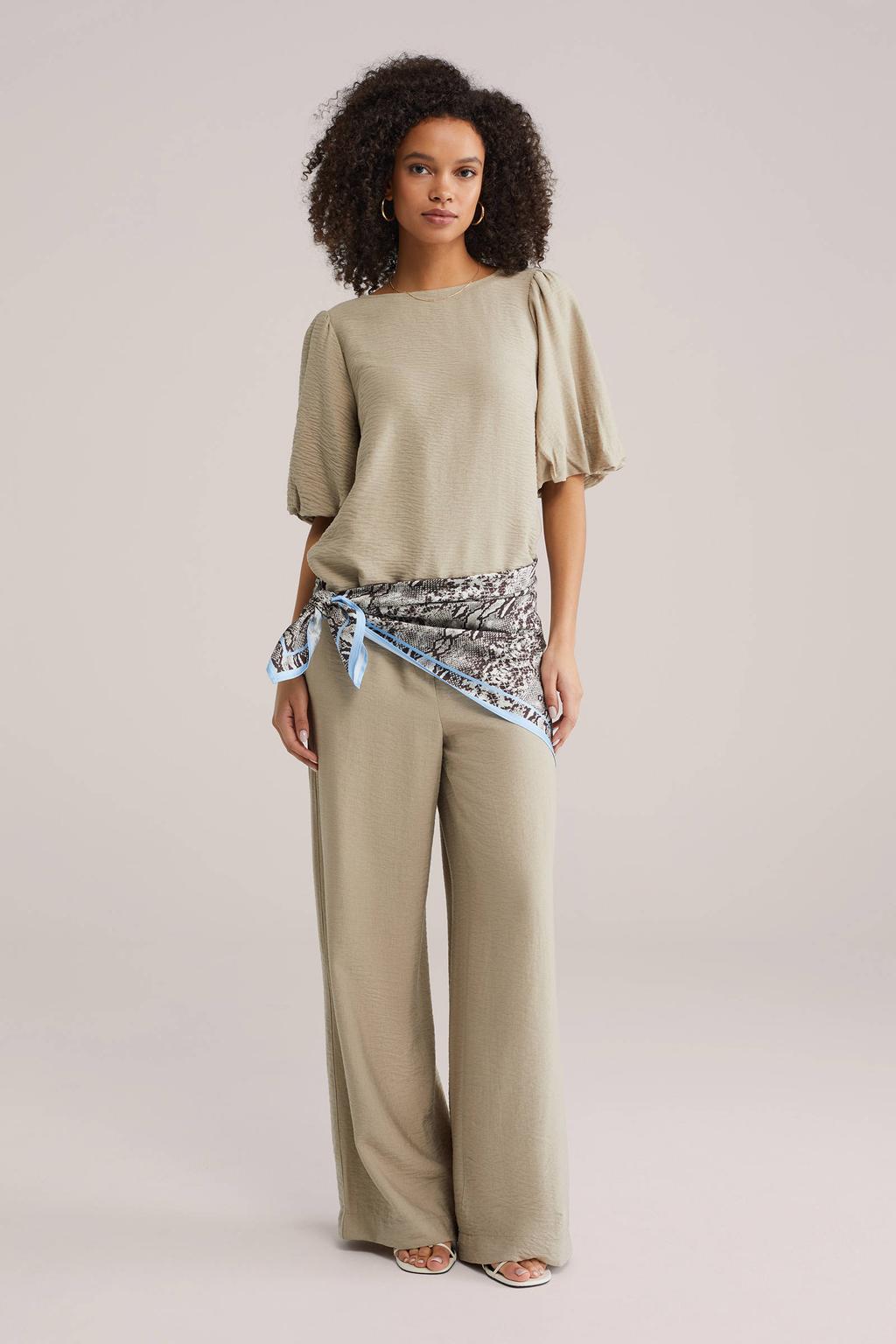 Beige dames WE Fashion wide leg high waist casual broek van viscose met elastische tailleband met koord en effen