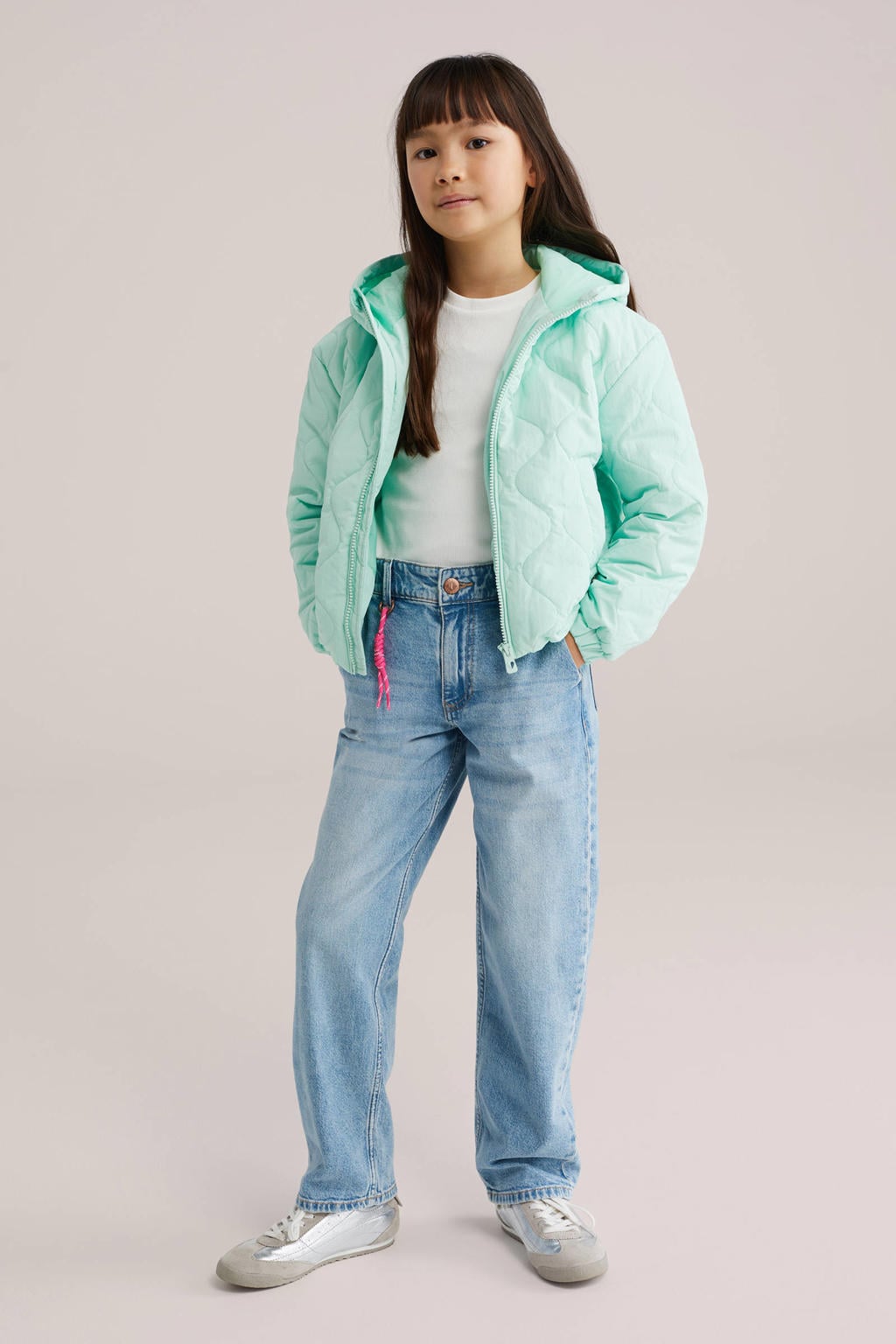 Mintgroene meisjes WE Fashion tussenjas van polyamide met effen, lange mouwen, capuchon, ritssluiting en elastische boord