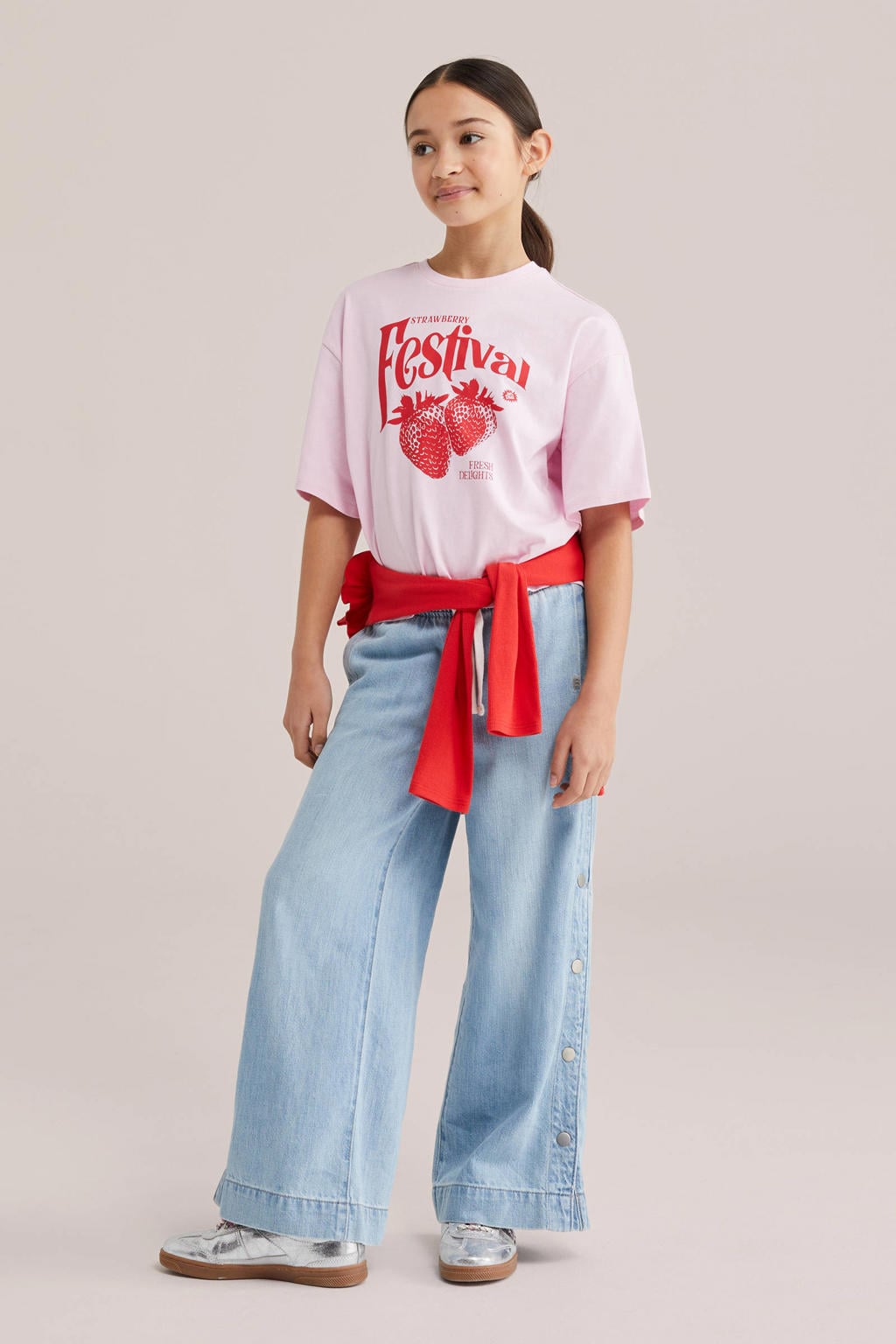 Roze en rode meisjes WE Fashion T-shirt van katoen met printopdruk, korte mouwen en ronde hals