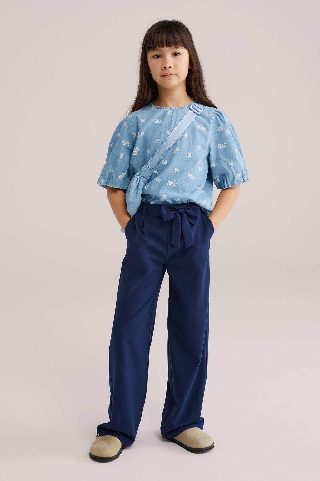 Donkerblauwe meisjes WE Fashion straight casual broek van polyester met elastische tailleband en effen