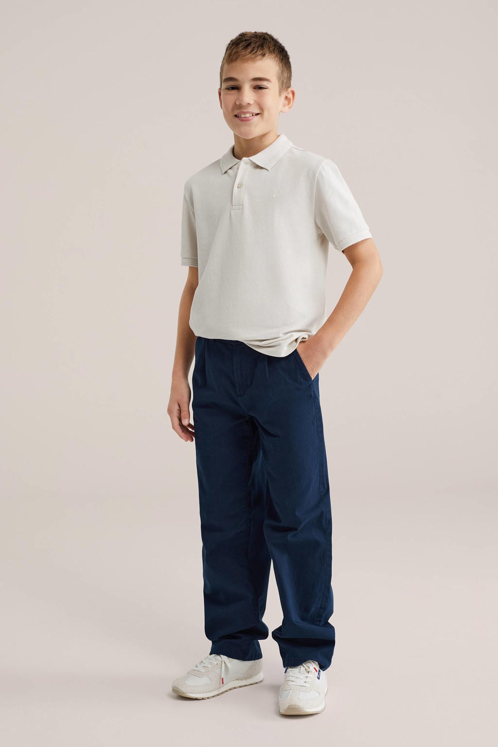 Ecru jongens WE Fashion polo van katoen met effen, korte mouwen en knoopsluiting