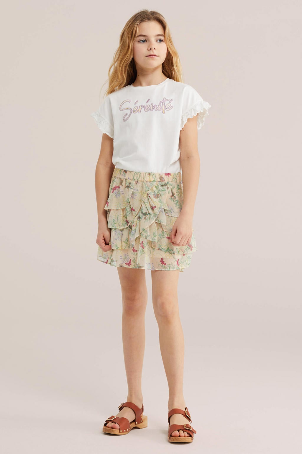 Witte meisjes WE Fashion T-shirt van katoen met printopdruk, korte mouwen, ronde hals en borduursels