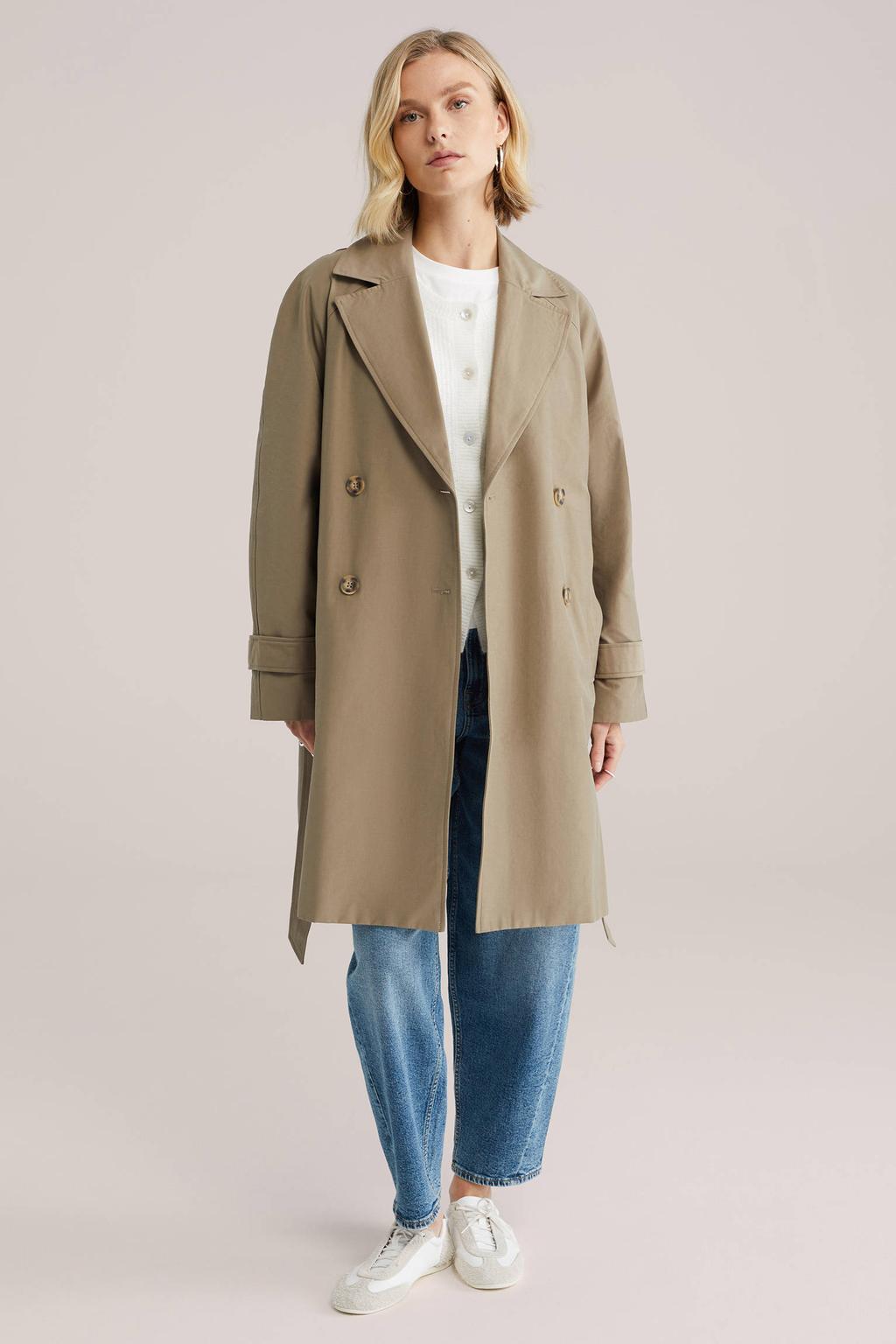 Lichtbruine dames WE Fashion trenchcoat van katoen met effen, lange mouwen, reverskraag en double breasted sluiting