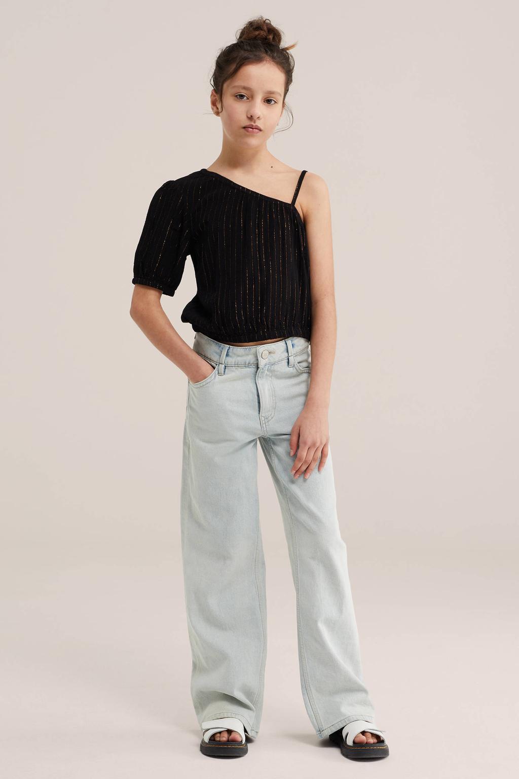 Zwarte meisjes WE Fashion one shoulder top met effen, korte mouwen en glitters