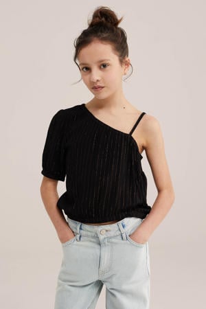 one shoulder top zwart met glitter