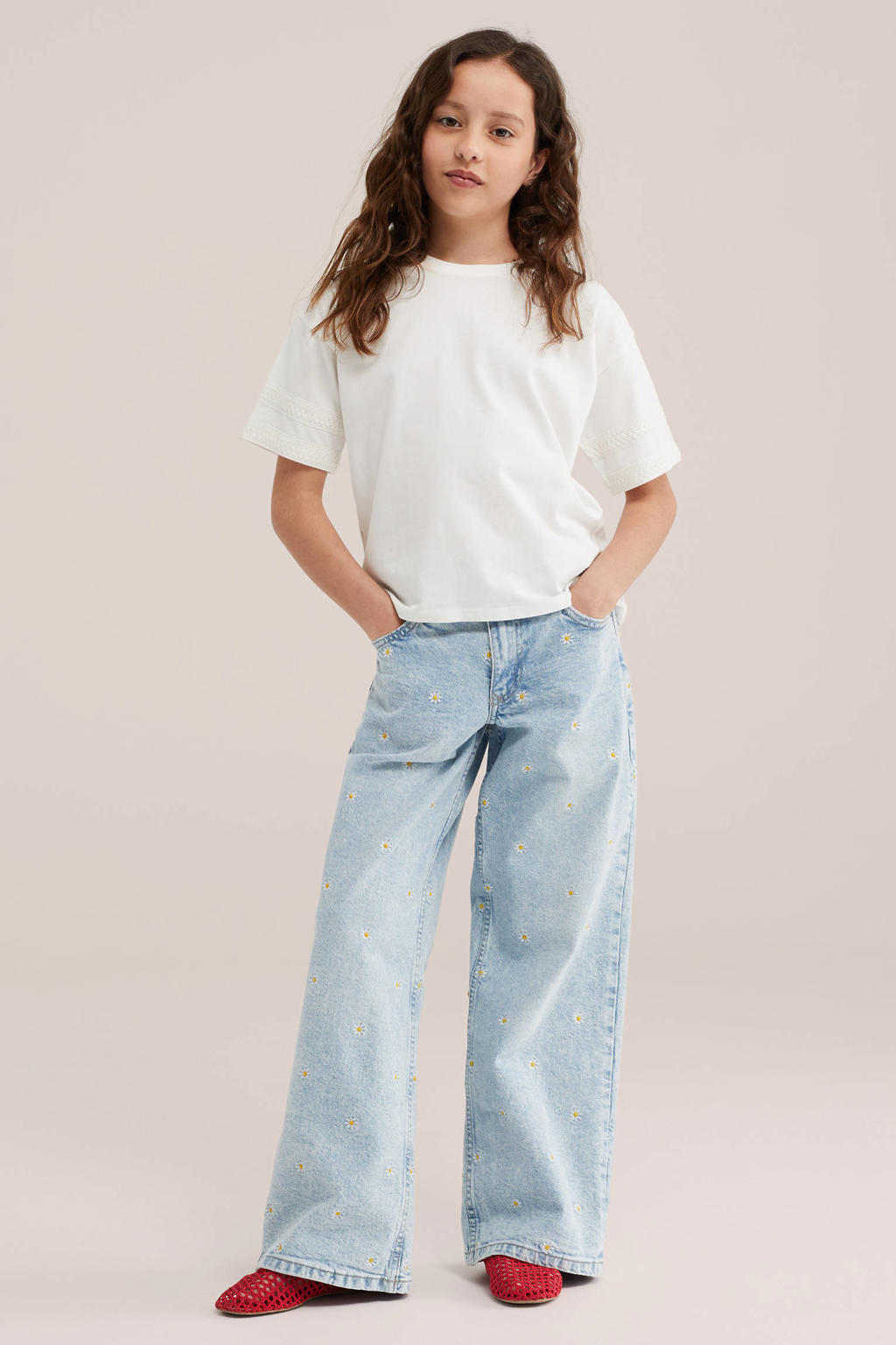 Witte meisjes WE Fashion T-shirt van katoen met effen, korte mouwen, ronde hals en borduursels