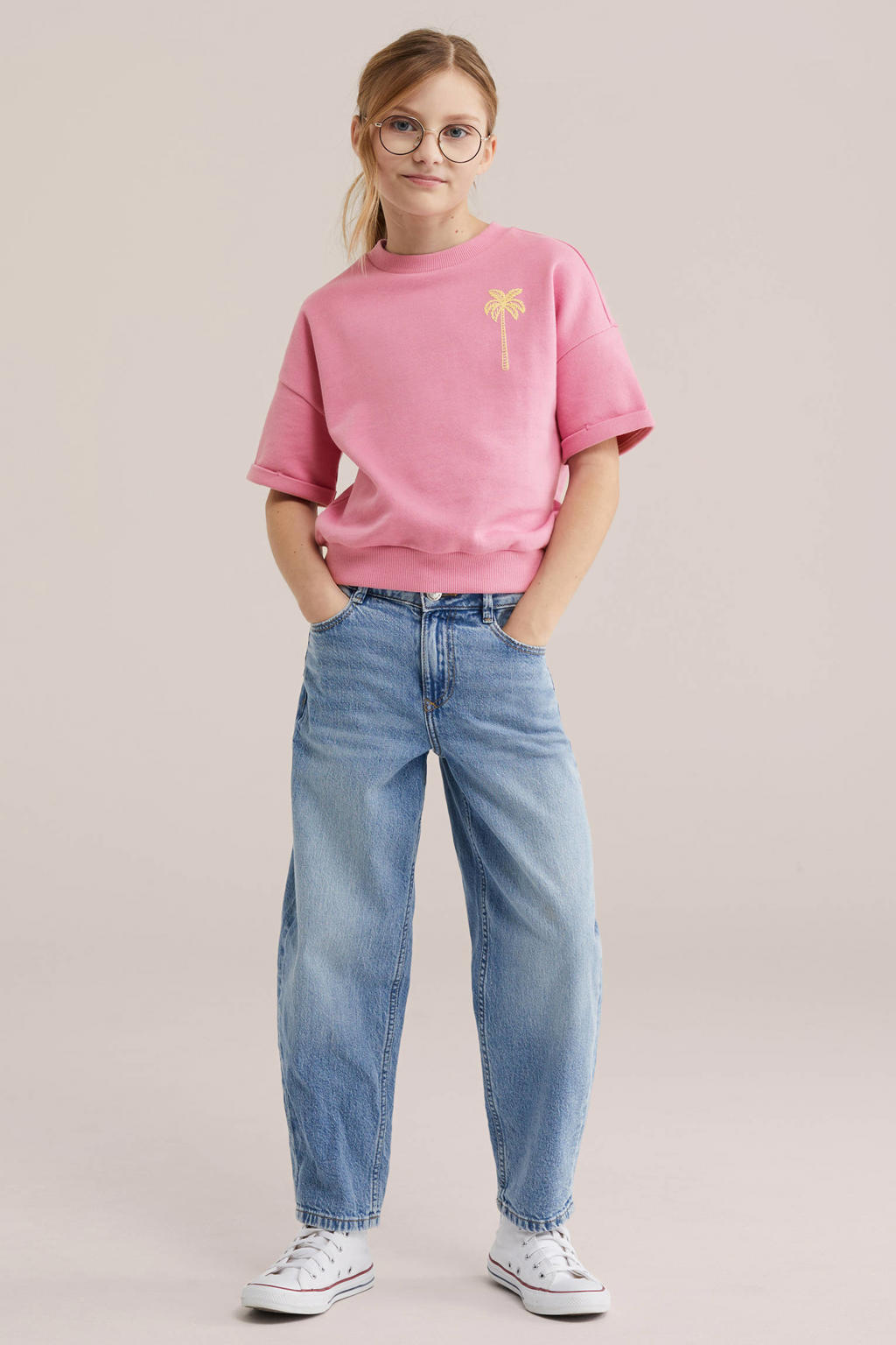 Roze meisjes WE Fashion sweater met printopdruk, korte mouwen, ronde hals en geribde boorden
