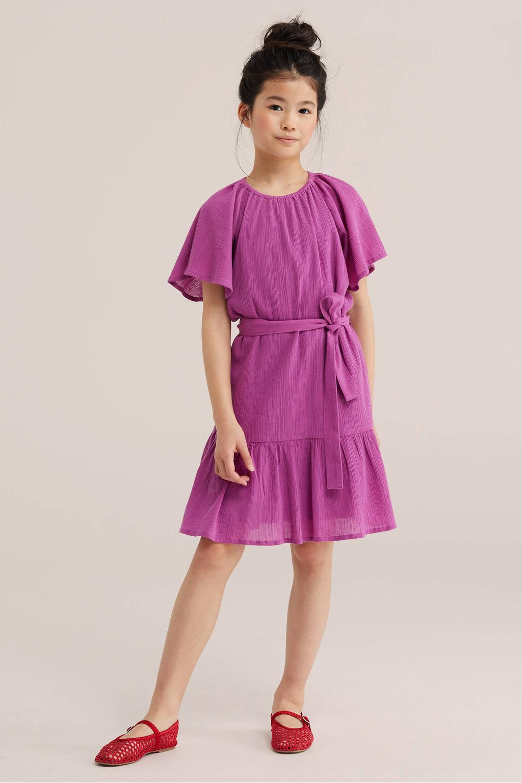 Paarse meisjes WE Fashion korte jurk van katoen met effen, korte mouwen en ronde hals