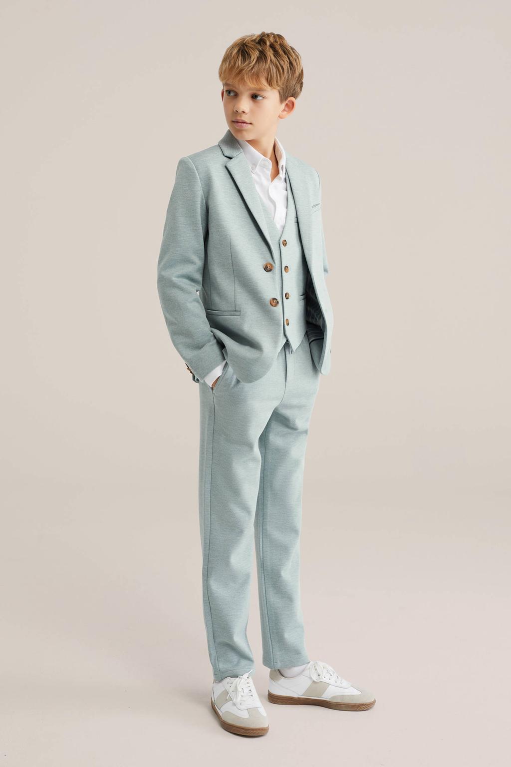 Lichtgroene jongens WE Fashion tapered casual broek van polyester met elastische tailleband met koord en effen