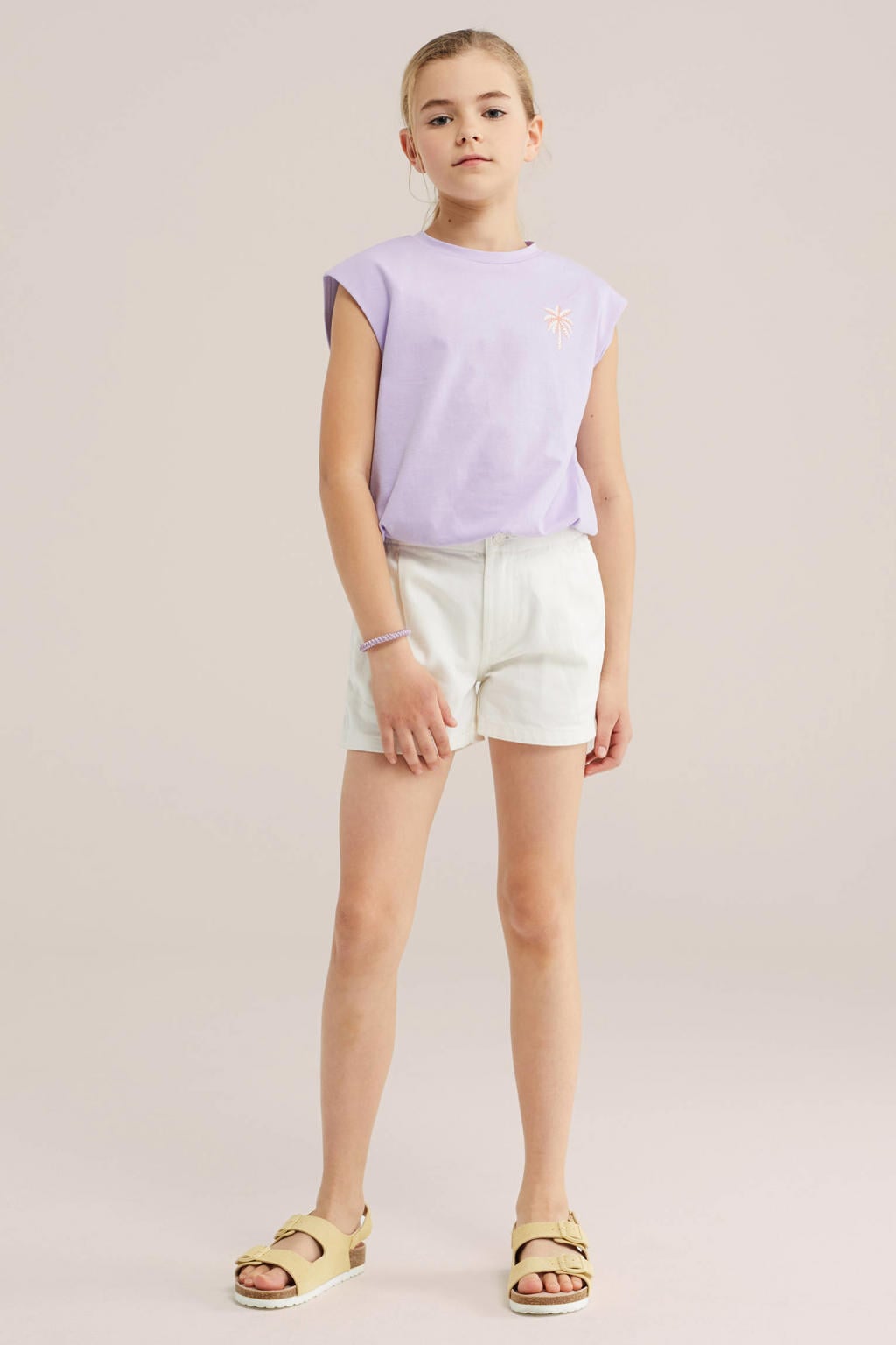 Lilakleurige meisjes WE Fashion T-shirt van katoen met backprint, korte mouwen, ronde hals en elastische boord