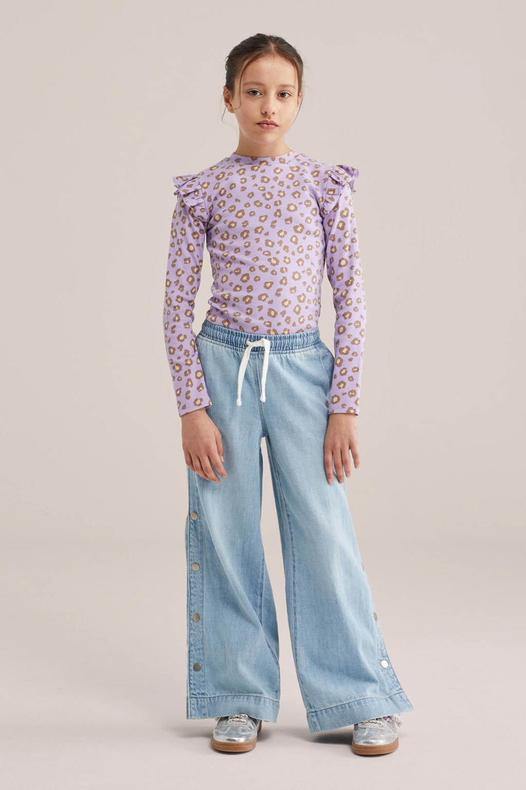 Paarse meisjes WE Fashion longsleeve rib gebreid van stretchkatoen met effen, lange mouwen en ronde hals