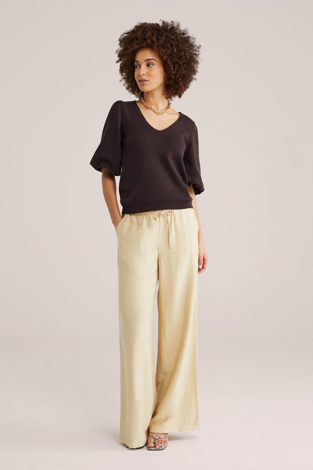Donkerblauwe dames WE Fashion top met effen, korte mouwen, ronde hals en geribde boorden
