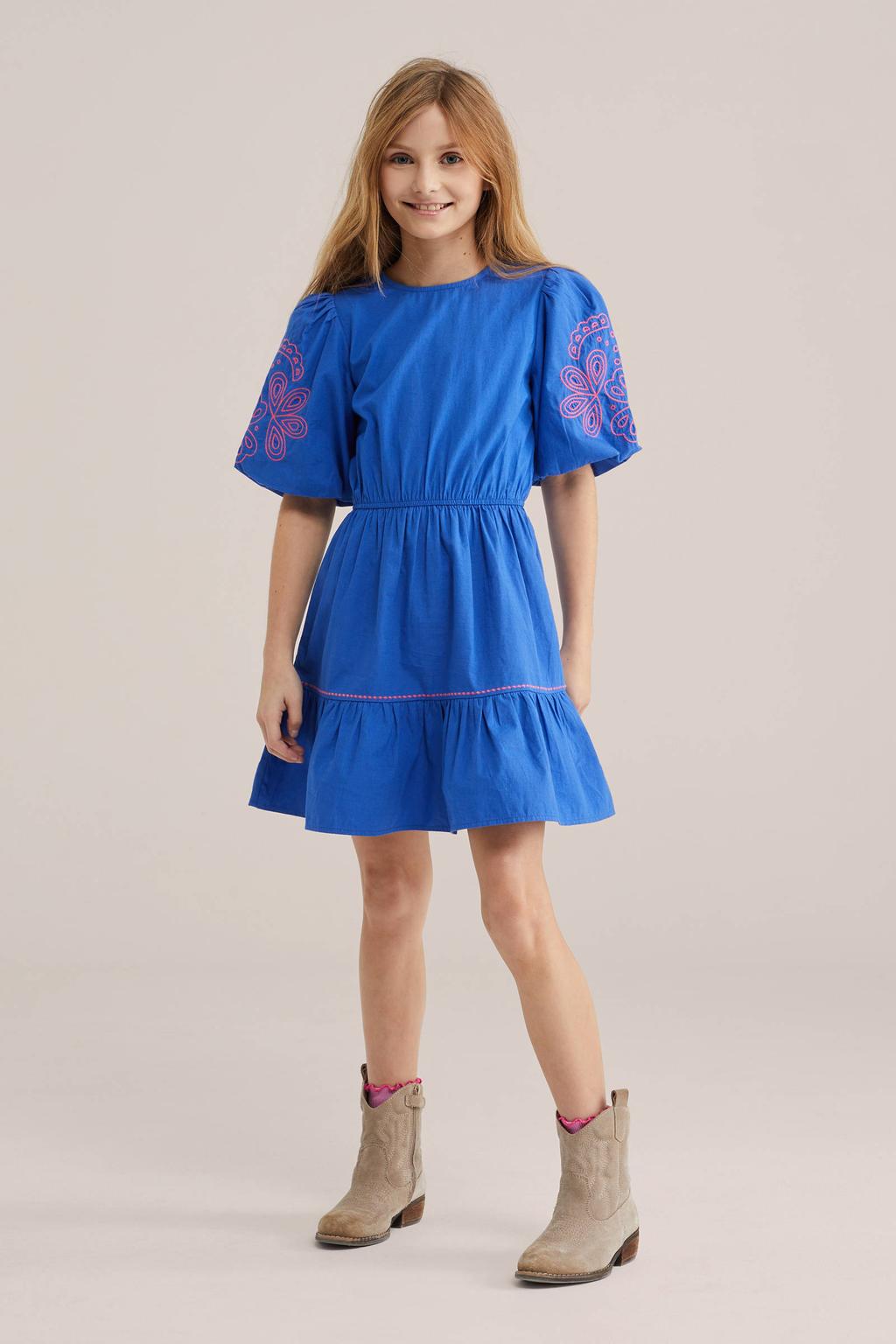 Marineblauw meisjes WE Fashion zomerjurk blauw van katoen met effen, korte mouwen en ronde hals